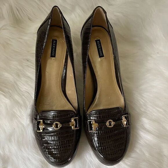 Alex Marie Shoes - Alex Marie brown leather reptile prints 3”heels slip on with gold tone accent